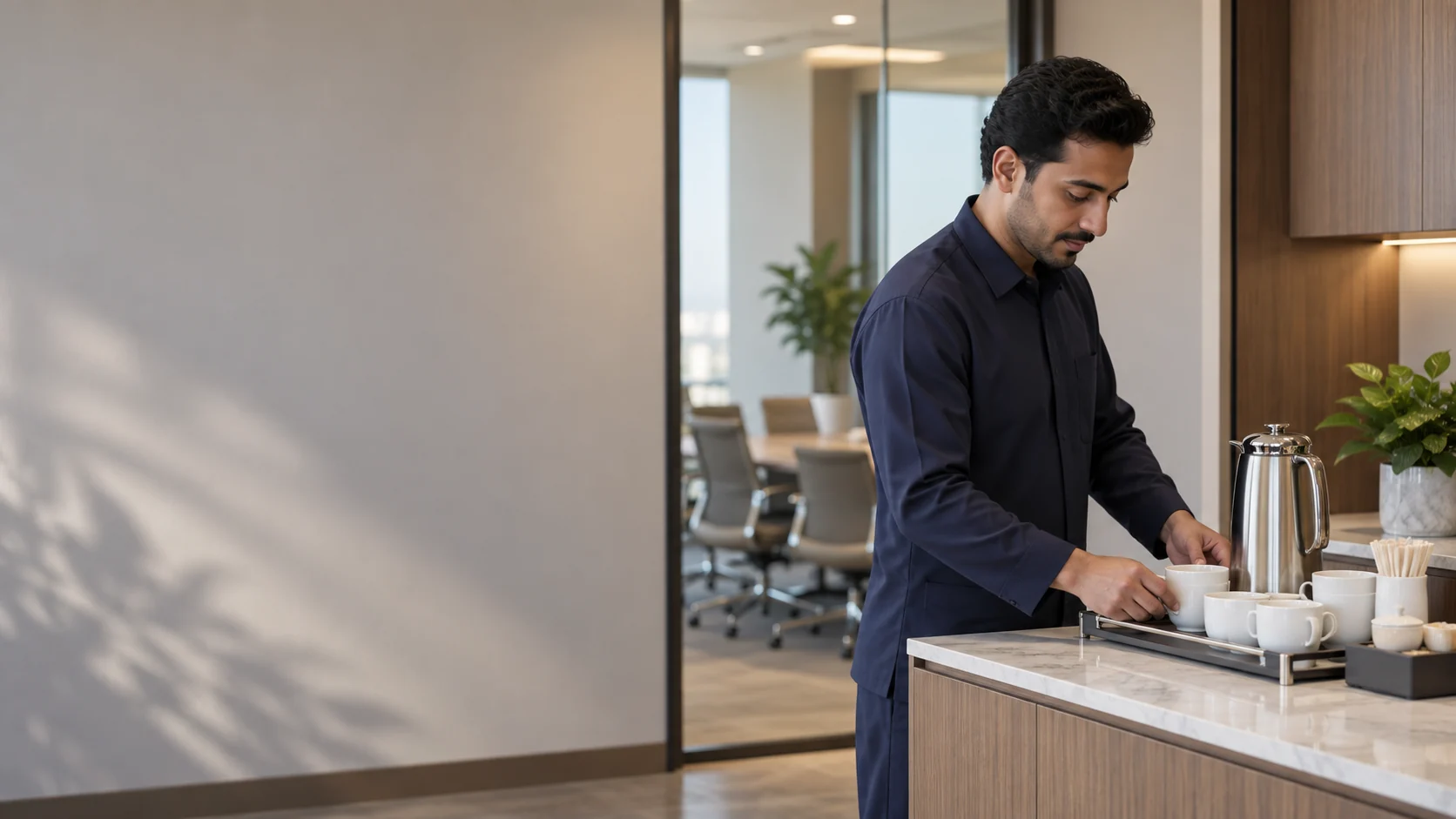 Illustrative pantry attendant arranging cups for an Al Khobar office meeting